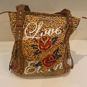Vintage Don Ed Hardy Love Eternal Studded Tote Bag Purse Cheetah and Roses